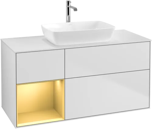 Obrázek VILLEROY BOCH Finion Vanity unit, with lighting, 3 pull-out compartments, 1200 x 603 x 501 mm, White Matt Lacquer / Gold Matt Lacquer / Glass White Matt #G821HFMT