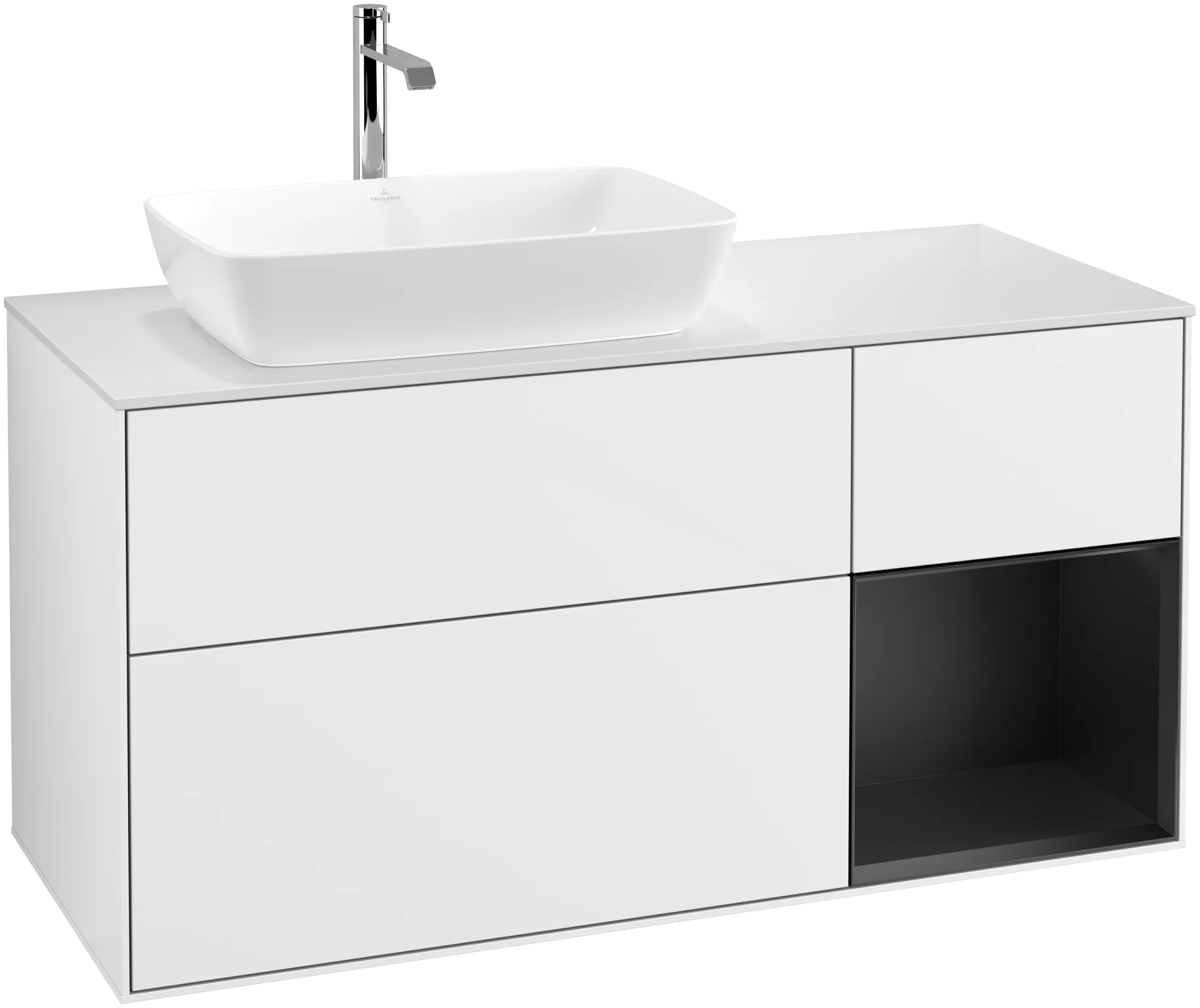 Obrázek VILLEROY BOCH Finion Vanity unit, with lighting, 3 pull-out compartments, 1200 x 603 x 501 mm, Glossy White Lacquer / Black Matt Lacquer / Glass White Matt #G811PDGF