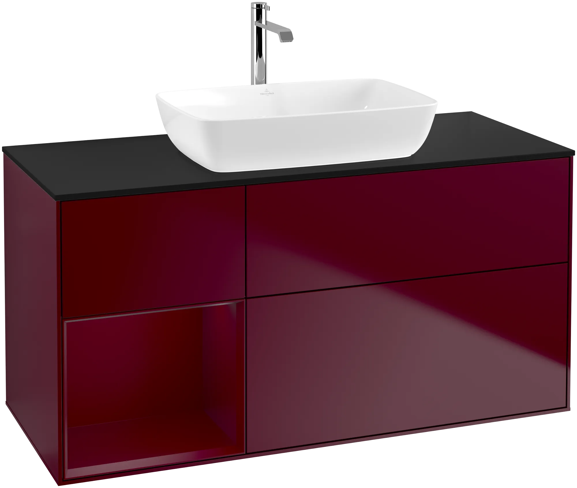 Obrázek VILLEROY BOCH Finion Vanity unit, with lighting, 3 pull-out compartments, 1200 x 603 x 501 mm, Peony Matt Lacquer / Peony Matt Lacquer / Glass Black Matt #G822HBHB