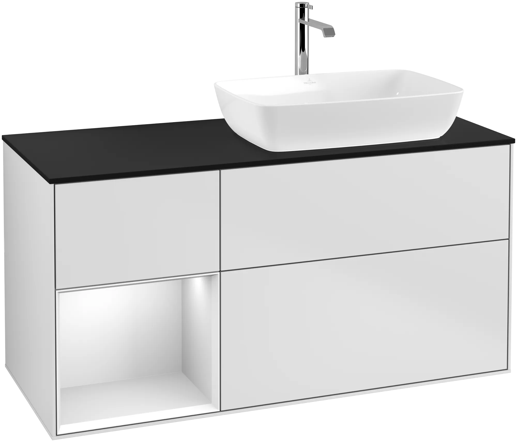 Obrázek VILLEROY BOCH Finion Vanity unit, with lighting, 3 pull-out compartments, 1200 x 603 x 501 mm, White Matt Lacquer / White Matt Lacquer / Glass Black Matt #G802MTMT