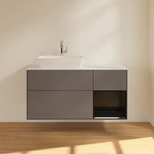 Bild von VILLEROY BOCH Finion Waschbeckenunterschrank, mit Beleuchtung, 3 Auszüge, 1200 x 603 x 501 mm, Anthracite Matt Lacquer / Black Matt Lacquer / Glass White Matt #G811PDGK