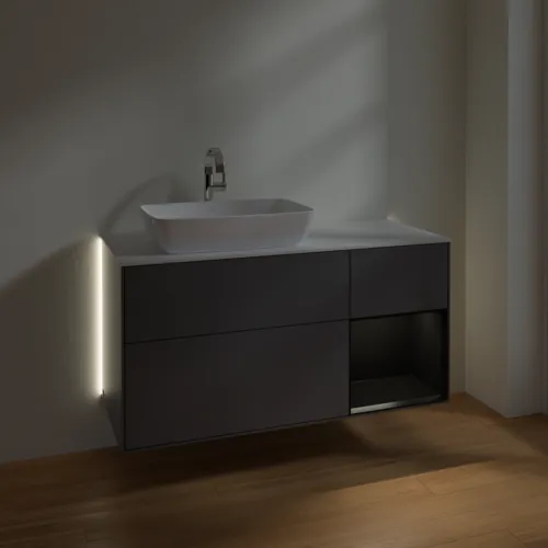 Bild von VILLEROY BOCH Finion Waschbeckenunterschrank, mit Beleuchtung, 3 Auszüge, 1200 x 603 x 501 mm, Anthracite Matt Lacquer / Black Matt Lacquer / Glass White Matt #G811PDGK