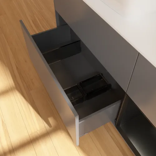 Bild von VILLEROY BOCH Finion Waschbeckenunterschrank, mit Beleuchtung, 3 Auszüge, 1200 x 603 x 501 mm, Anthracite Matt Lacquer / Black Matt Lacquer / Glass White Matt #G811PDGK