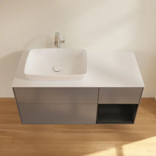 Bild von VILLEROY BOCH Finion Waschbeckenunterschrank, mit Beleuchtung, 3 Auszüge, 1200 x 603 x 501 mm, Anthracite Matt Lacquer / Black Matt Lacquer / Glass White Matt #G811PDGK