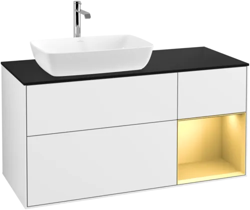 Obrázek VILLEROY BOCH Finion Vanity unit, with lighting, 3 pull-out compartments, 1200 x 603 x 501 mm, Glossy White Lacquer / Gold Matt Lacquer / Glass Black Matt #G812HFGF