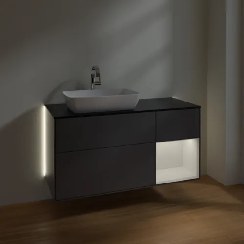 Obrázek VILLEROY BOCH Finion Vanity unit, with lighting, 3 pull-out compartments, 1200 x 603 x 501 mm, Anthracite Matt Lacquer / Glossy White Lacquer / Glass Black Matt #G812GFGK