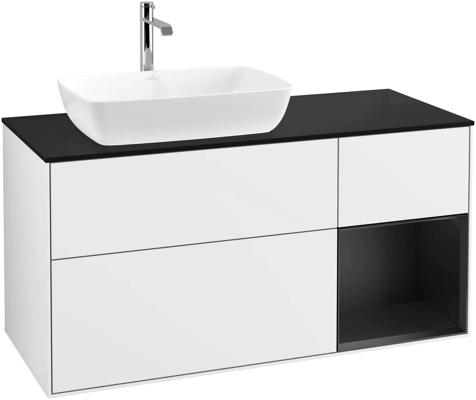 Picture of VILLEROY BOCH Finion Vanity unit, with lighting, 3 pull-out compartments, 1200 x 603 x 501 mm, Glossy White Lacquer / Black Matt Lacquer / Glass Black Matt #G812PDGF