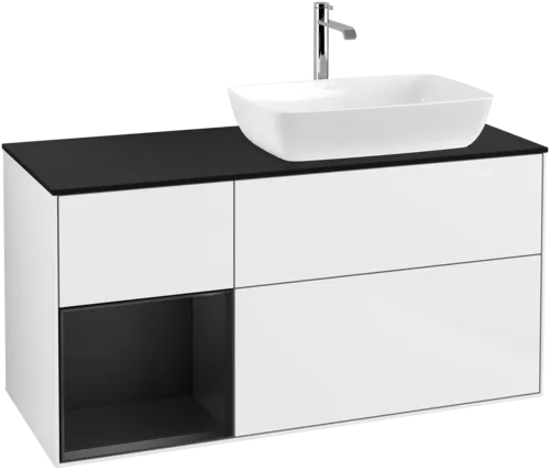 Picture of VILLEROY BOCH Finion Vanity unit, with lighting, 3 pull-out compartments, 1200 x 603 x 501 mm, Glossy White Lacquer / Black Matt Lacquer / Glass Black Matt #G802PDGF