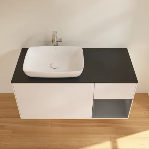 Bild von VILLEROY BOCH Finion Waschbeckenunterschrank, mit Beleuchtung, 3 Auszüge, 1200 x 603 x 501 mm, White Matt Lacquer / Anthracite Matt Lacquer / Glass Black Matt #G812GKMT