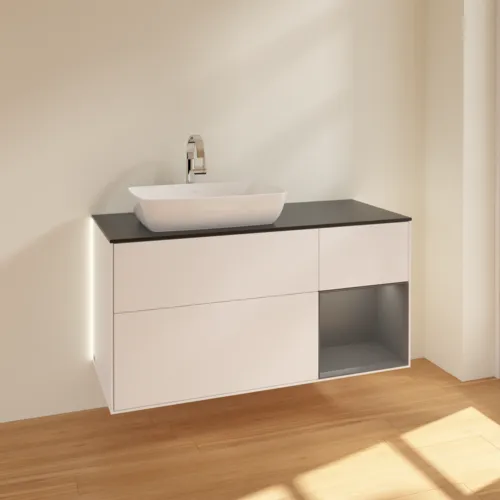 Bild von VILLEROY BOCH Finion Waschbeckenunterschrank, mit Beleuchtung, 3 Auszüge, 1200 x 603 x 501 mm, White Matt Lacquer / Anthracite Matt Lacquer / Glass Black Matt #G812GKMT