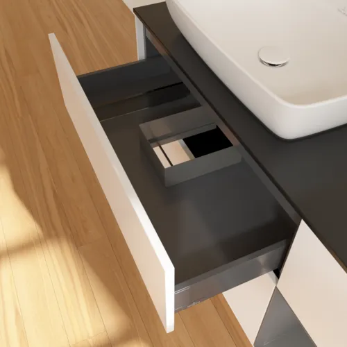 Bild von VILLEROY BOCH Finion Waschbeckenunterschrank, mit Beleuchtung, 3 Auszüge, 1200 x 603 x 501 mm, White Matt Lacquer / Anthracite Matt Lacquer / Glass Black Matt #G812GKMT
