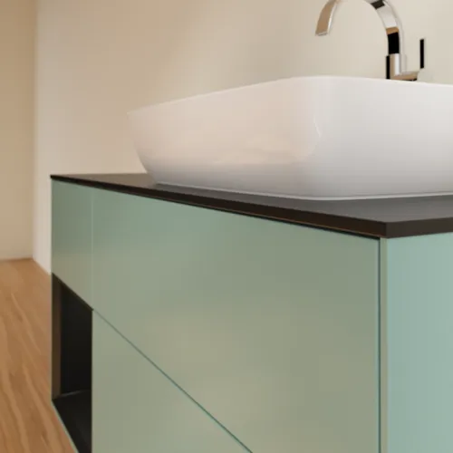 Bild von VILLEROY BOCH Finion Waschbeckenunterschrank, mit Beleuchtung, 3 Auszüge, 1200 x 603 x 501 mm, Olive Matt Lacquer / Black Matt Lacquer / Glass Black Matt #G802PDGM