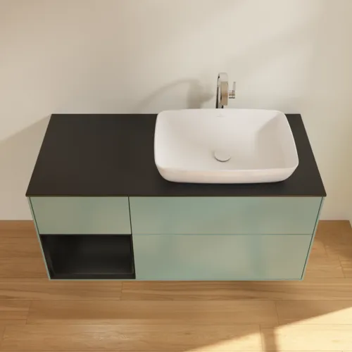 Bild von VILLEROY BOCH Finion Waschbeckenunterschrank, mit Beleuchtung, 3 Auszüge, 1200 x 603 x 501 mm, Olive Matt Lacquer / Black Matt Lacquer / Glass Black Matt #G802PDGM