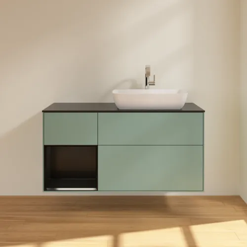 Bild von VILLEROY BOCH Finion Waschbeckenunterschrank, mit Beleuchtung, 3 Auszüge, 1200 x 603 x 501 mm, Olive Matt Lacquer / Black Matt Lacquer / Glass Black Matt #G802PDGM
