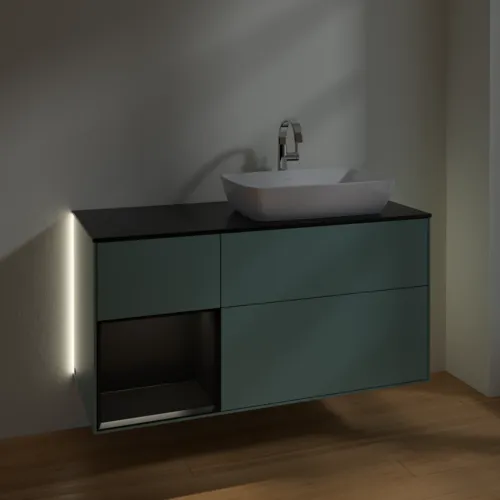Bild von VILLEROY BOCH Finion Waschbeckenunterschrank, mit Beleuchtung, 3 Auszüge, 1200 x 603 x 501 mm, Olive Matt Lacquer / Black Matt Lacquer / Glass Black Matt #G802PDGM