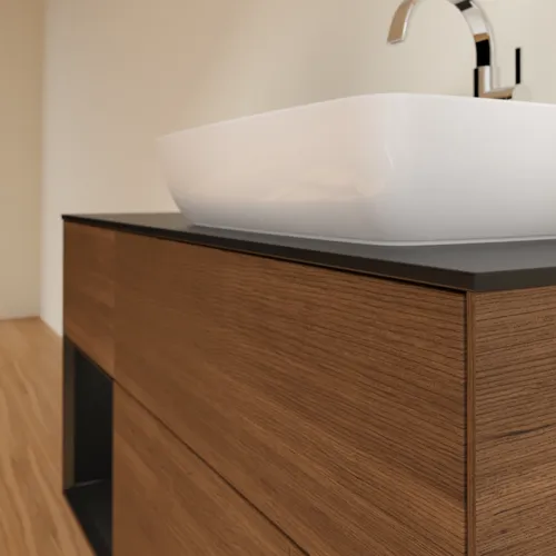 VILLEROY BOCH Finion Waschbeckenunterschrank, mit Beleuchtung, 3 Auszüge, 1200 x 603 x 501 mm, Walnut Veneer / Black Matt Lacquer / Glass Black Matt #G802PDGN, Bild 5