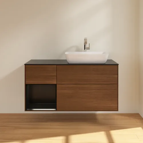 VILLEROY BOCH Finion Waschbeckenunterschrank, mit Beleuchtung, 3 Auszüge, 1200 x 603 x 501 mm, Walnut Veneer / Black Matt Lacquer / Glass Black Matt #G802PDGN, Bild 2