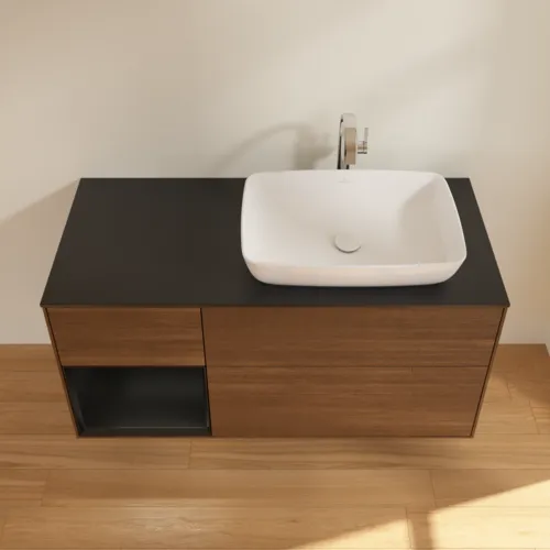 VILLEROY BOCH Finion Waschbeckenunterschrank, mit Beleuchtung, 3 Auszüge, 1200 x 603 x 501 mm, Walnut Veneer / Black Matt Lacquer / Glass Black Matt #G802PDGN, Bild 3