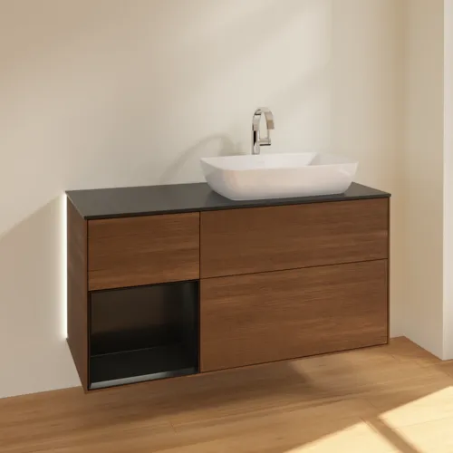 VILLEROY BOCH Finion Waschbeckenunterschrank, mit Beleuchtung, 3 Auszüge, 1200 x 603 x 501 mm, Walnut Veneer / Black Matt Lacquer / Glass Black Matt #G802PDGN, Bild 4