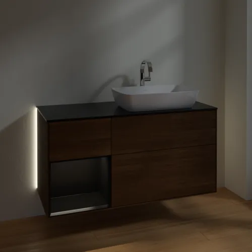 VILLEROY BOCH Finion Waschbeckenunterschrank, mit Beleuchtung, 3 Auszüge, 1200 x 603 x 501 mm, Walnut Veneer / Black Matt Lacquer / Glass Black Matt #G802PDGN, Bild 8