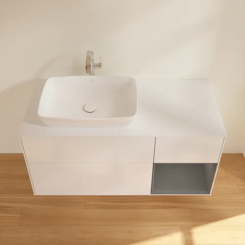 Bild von VILLEROY BOCH Finion Waschbeckenunterschrank, mit Beleuchtung, 3 Auszüge, 1200 x 603 x 501 mm, Glossy White Lacquer / Anthracite Matt Lacquer / Glass White Matt #G811GKGF