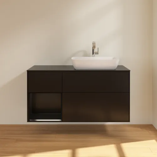 Bild von VILLEROY BOCH Finion Waschbeckenunterschrank, mit Beleuchtung, 3 Auszüge, 1200 x 603 x 501 mm, Black Matt Lacquer / Black Matt Lacquer / Glass Black Matt #G802PDPD