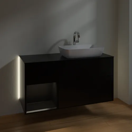 Bild von VILLEROY BOCH Finion Waschbeckenunterschrank, mit Beleuchtung, 3 Auszüge, 1200 x 603 x 501 mm, Black Matt Lacquer / Black Matt Lacquer / Glass Black Matt #G802PDPD