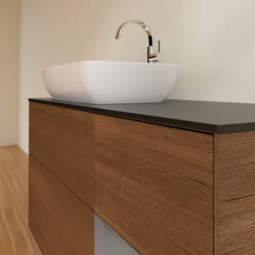 VILLEROY BOCH Finion Waschbeckenunterschrank, mit Beleuchtung, 3 Auszüge, 1200 x 603 x 501 mm, Walnut Veneer / Anthracite Matt Lacquer / Glass Black Matt #G812GKGN, Bild 5