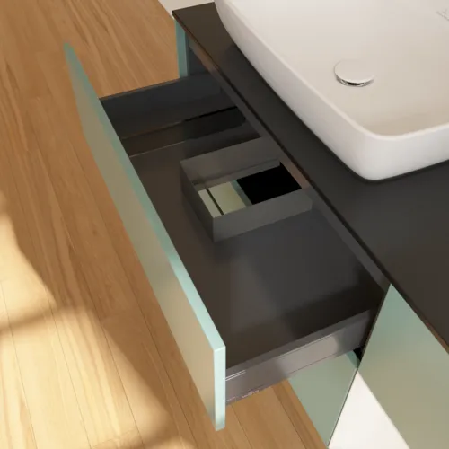 Bild von VILLEROY BOCH Finion Waschbeckenunterschrank, mit Beleuchtung, 3 Auszüge, 1200 x 603 x 501 mm, Olive Matt Lacquer / White Matt Lacquer / Glass Black Matt #G812MTGM
