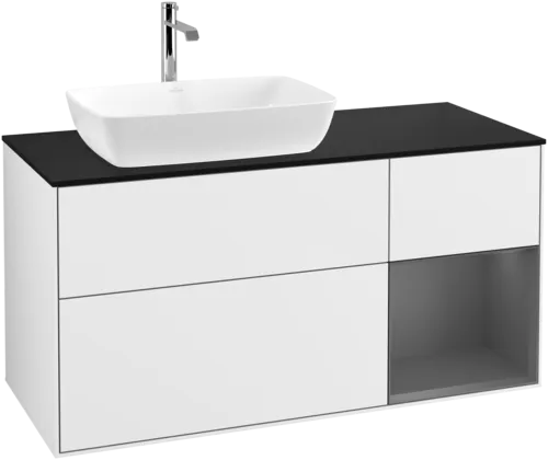 Зображення з  VILLEROY BOCH Finion Vanity unit, with lighting, 3 pull-out compartments, 1200 x 603 x 501 mm, Glossy White Lacquer / Anthracite Matt Lacquer / Glass Black Matt #G812GKGF