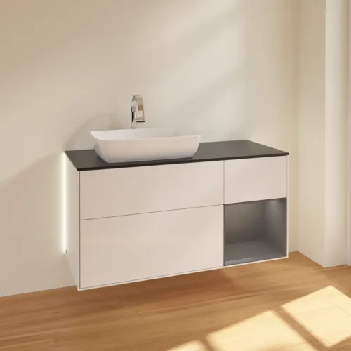 Bild von VILLEROY BOCH Finion Waschbeckenunterschrank, mit Beleuchtung, 3 Auszüge, 1200 x 603 x 501 mm, Glossy White Lacquer / Anthracite Matt Lacquer / Glass Black Matt #G812GKGF
