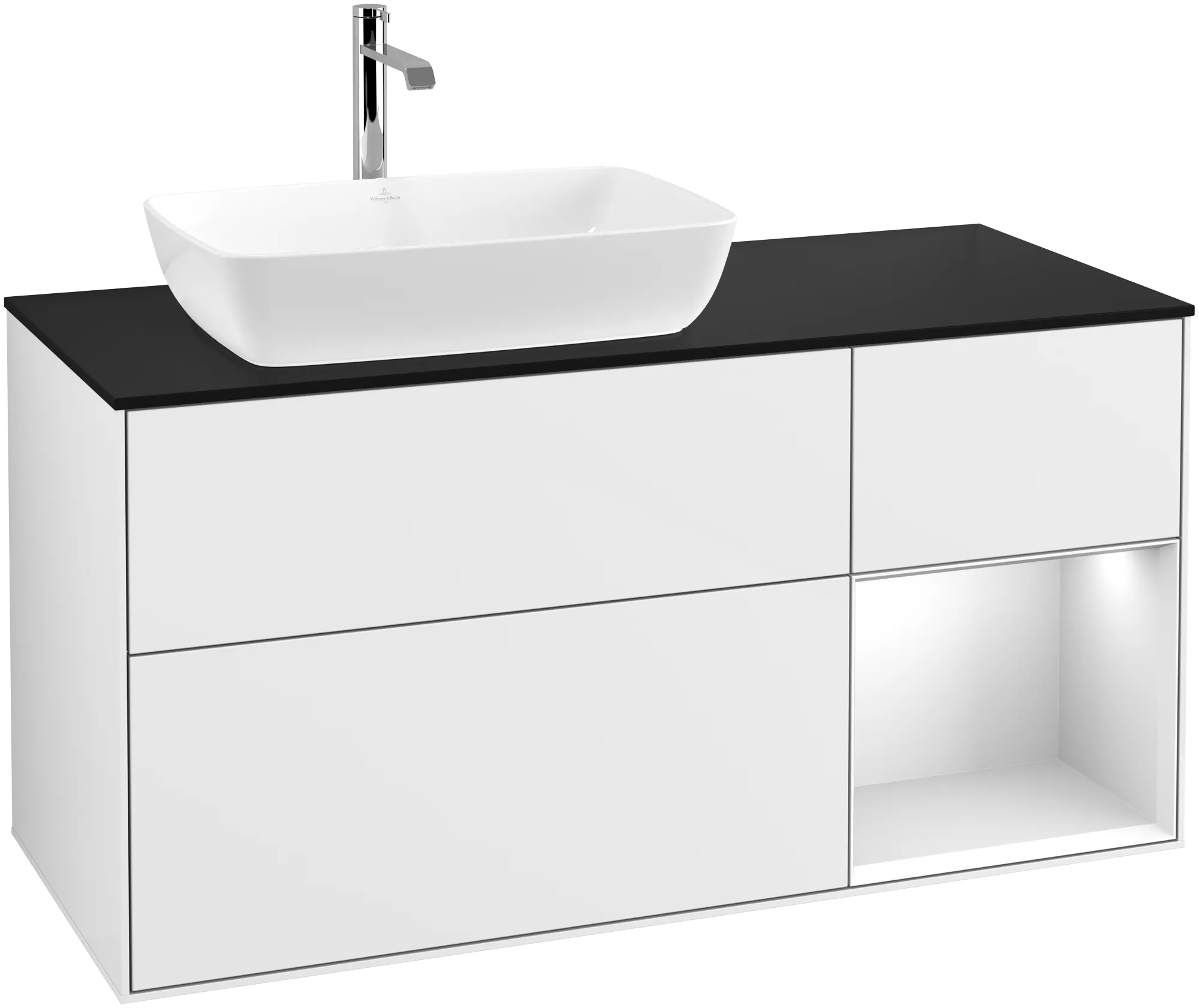 Picture of VILLEROY BOCH Finion Vanity unit, with lighting, 3 pull-out compartments, 1200 x 603 x 501 mm, Glossy White Lacquer / White Matt Lacquer / Glass Black Matt #G812MTGF