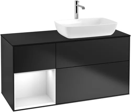 Зображення з  VILLEROY BOCH Finion Vanity unit, with lighting, 3 pull-out compartments, 1200 x 603 x 501 mm, Black Matt Lacquer / Glossy White Lacquer / Glass Black Matt #G802GFPD