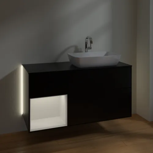 VILLEROY BOCH Finion Waschbeckenunterschrank, mit Beleuchtung, 3 Auszüge, 1200 x 603 x 501 mm, Black Matt Lacquer / Glossy White Lacquer / Glass Black Matt #G802GFPD, Bild 8