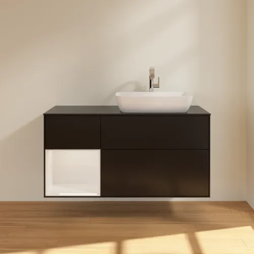 VILLEROY BOCH Finion Waschbeckenunterschrank, mit Beleuchtung, 3 Auszüge, 1200 x 603 x 501 mm, Black Matt Lacquer / Glossy White Lacquer / Glass Black Matt #G802GFPD, Bild 2