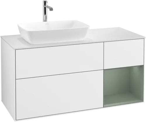 Obrázek VILLEROY BOCH Finion Vanity unit, with lighting, 3 pull-out compartments, 1200 x 603 x 501 mm, Glossy White Lacquer / Olive Matt Lacquer / Glass White Matt #G811GMGF