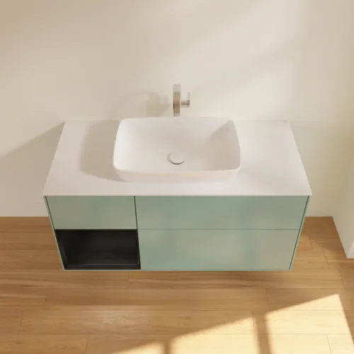 Bild von VILLEROY BOCH Finion Waschbeckenunterschrank, mit Beleuchtung, 3 Auszüge, 1200 x 603 x 501 mm, Olive Matt Lacquer / Black Matt Lacquer / Glass White Matt #G821PDGM