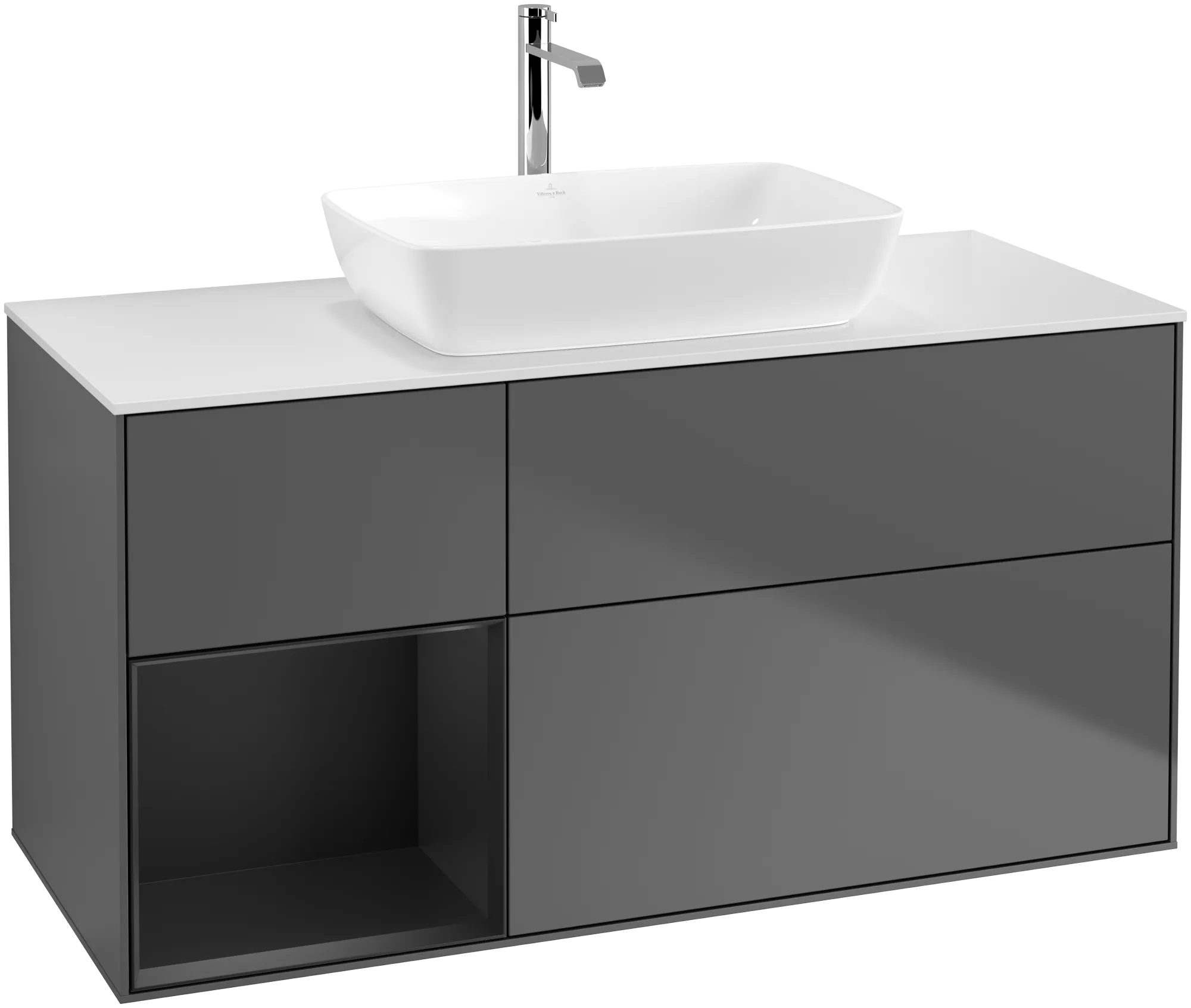 Picture of VILLEROY BOCH Finion Vanity unit, with lighting, 3 pull-out compartments, 1200 x 603 x 501 mm, Anthracite Matt Lacquer / Black Matt Lacquer / Glass White Matt #G821PDGK