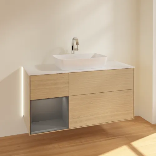 VILLEROY BOCH Finion Waschbeckenunterschrank, mit Beleuchtung, 3 Auszüge, 1200 x 603 x 501 mm, Oak Veneer / Anthracite Matt Lacquer / Glass White Matt #G821GKPC, Bild 4