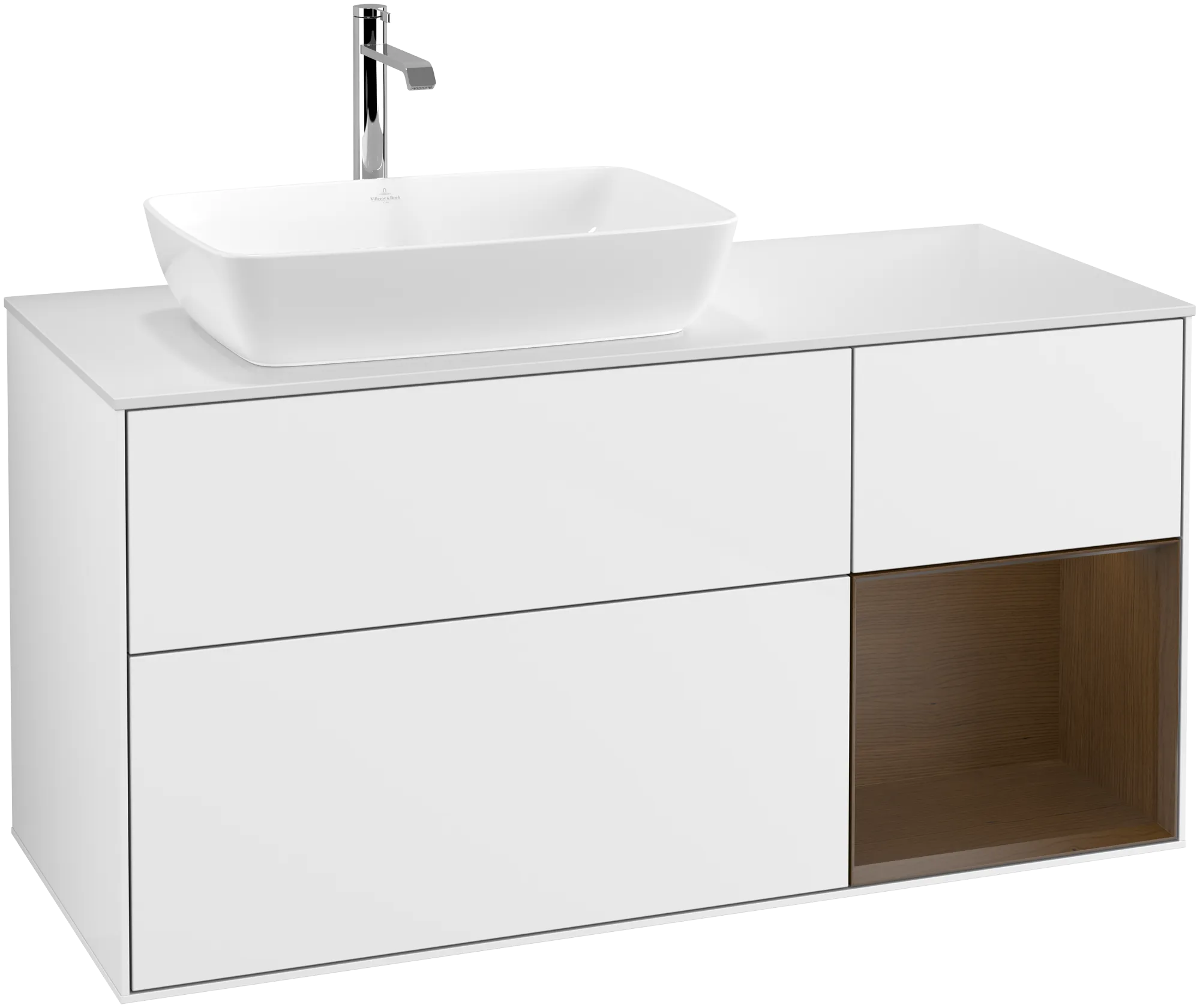 Obrázek VILLEROY BOCH Finion Vanity unit, with lighting, 3 pull-out compartments, 1200 x 603 x 501 mm, Glossy White Lacquer / Walnut Veneer / Glass White Matt #G811GNGF