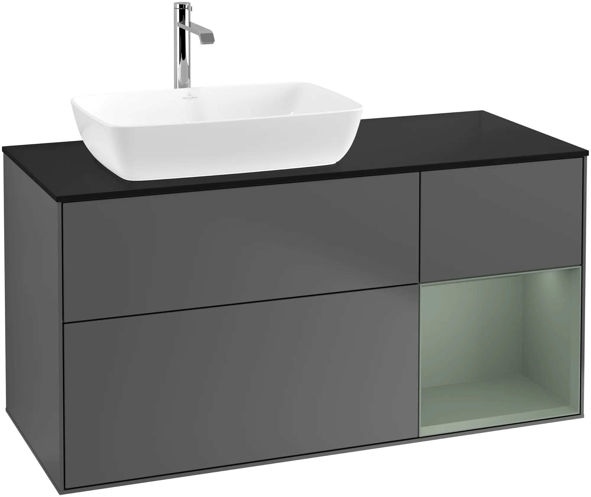 Obrázek VILLEROY BOCH Finion Vanity unit, with lighting, 3 pull-out compartments, 1200 x 603 x 501 mm, Anthracite Matt Lacquer / Olive Matt Lacquer / Glass Black Matt #G812GMGK
