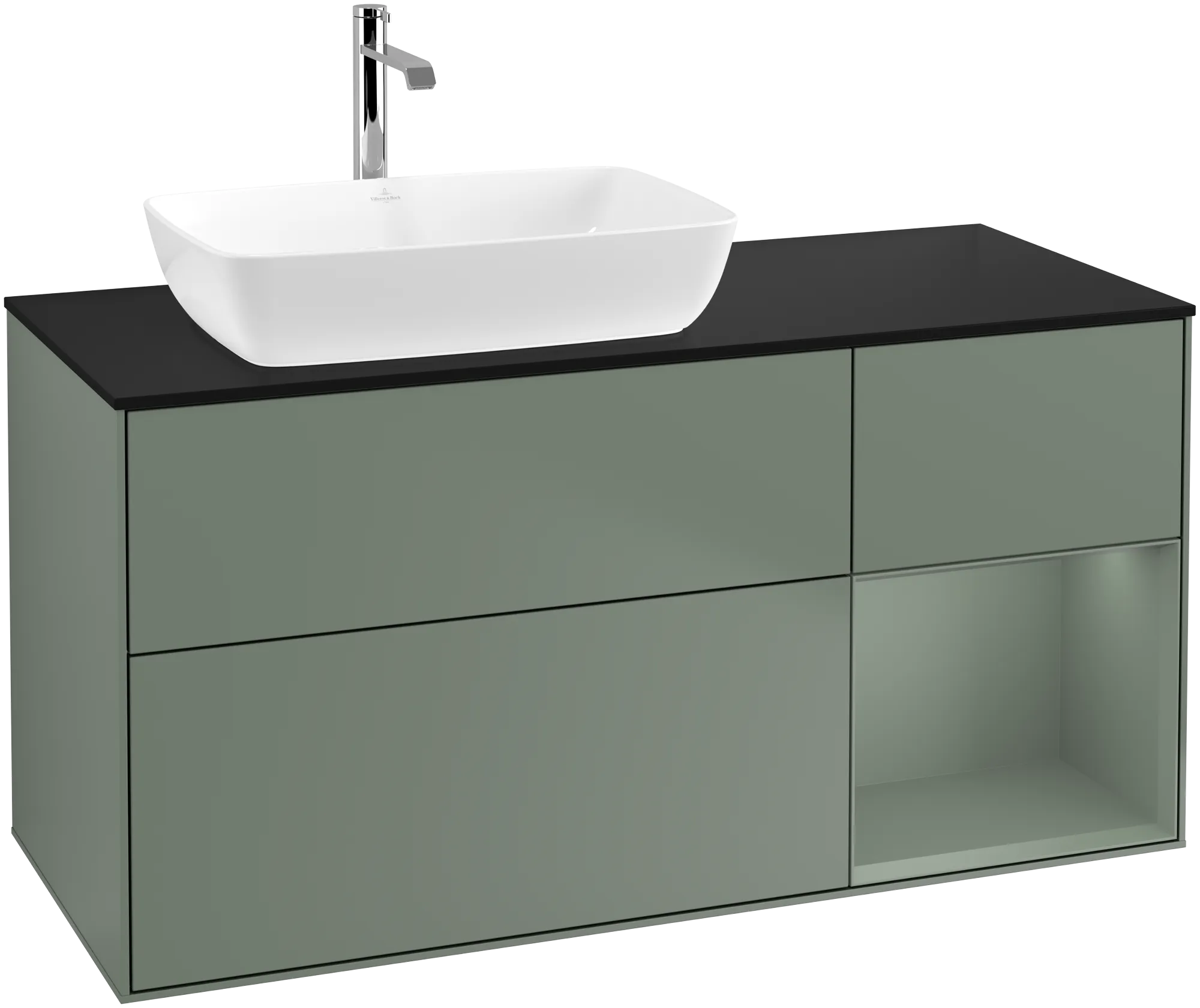 Obrázek VILLEROY BOCH Finion Vanity unit, with lighting, 3 pull-out compartments, 1200 x 603 x 501 mm, Olive Matt Lacquer / Olive Matt Lacquer / Glass Black Matt #G812GMGM
