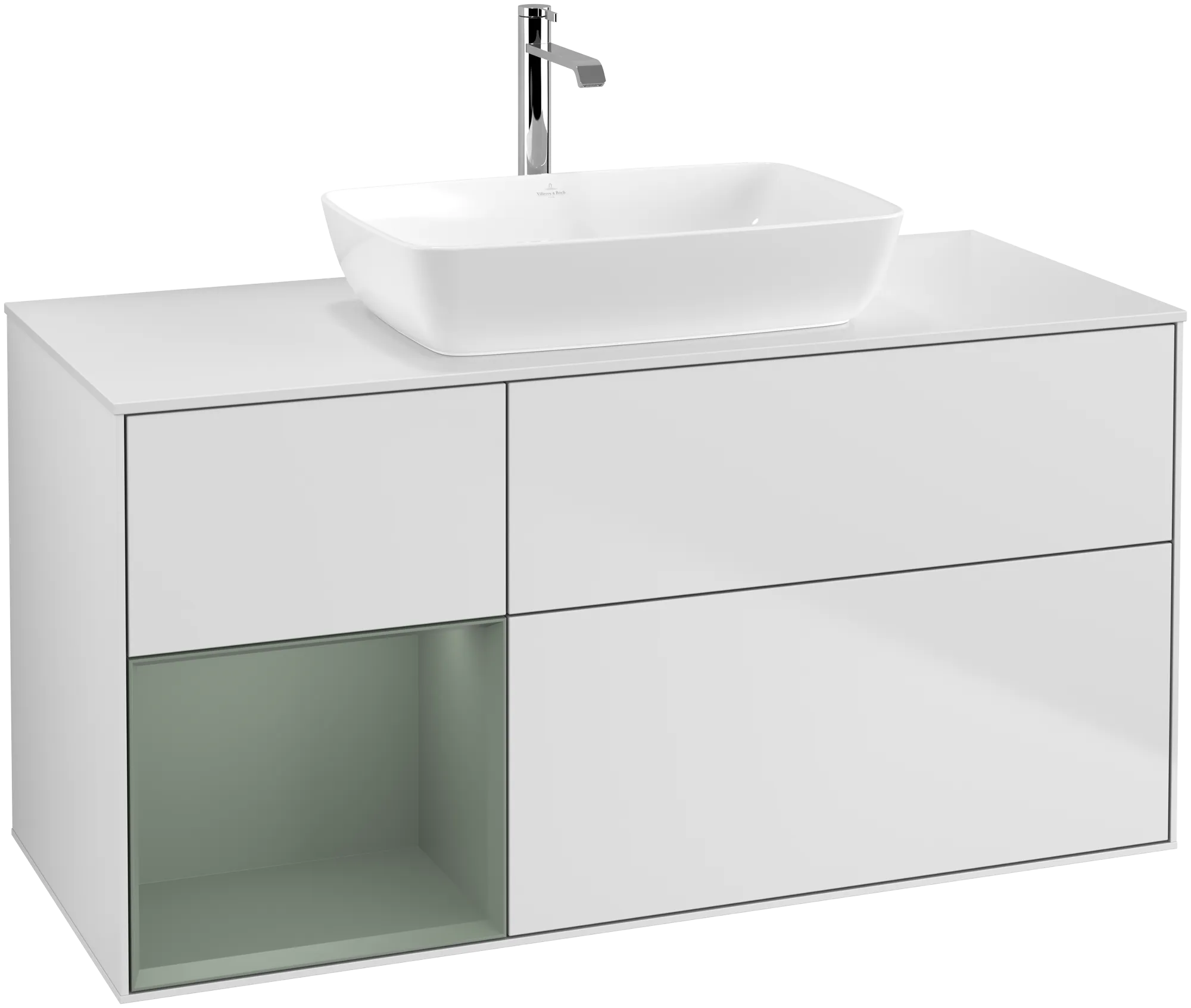 Obrázek VILLEROY BOCH Finion Vanity unit, with lighting, 3 pull-out compartments, 1200 x 603 x 501 mm, White Matt Lacquer / Olive Matt Lacquer / Glass White Matt #G821GMMT