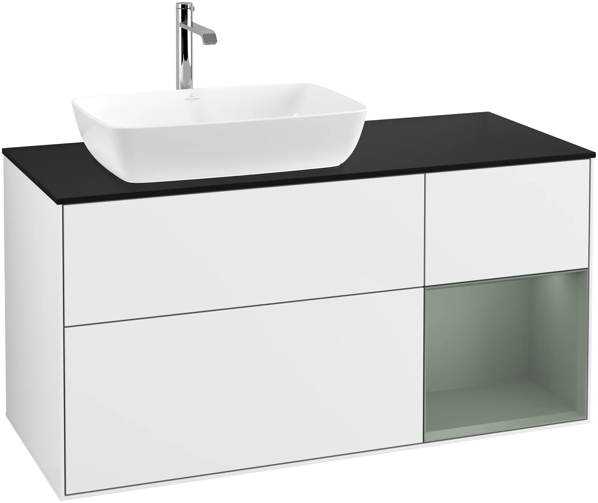 Obrázek VILLEROY BOCH Finion Vanity unit, with lighting, 3 pull-out compartments, 1200 x 603 x 501 mm, Glossy White Lacquer / Olive Matt Lacquer / Glass Black Matt #G812GMGF