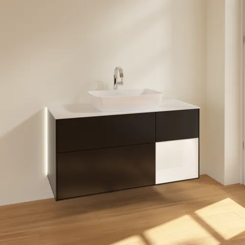 Bild von VILLEROY BOCH Finion Waschbeckenunterschrank, mit Beleuchtung, 3 Auszüge, 1200 x 603 x 501 mm, Black Matt Lacquer / White Matt Lacquer / Glass White Matt #G831MTPD