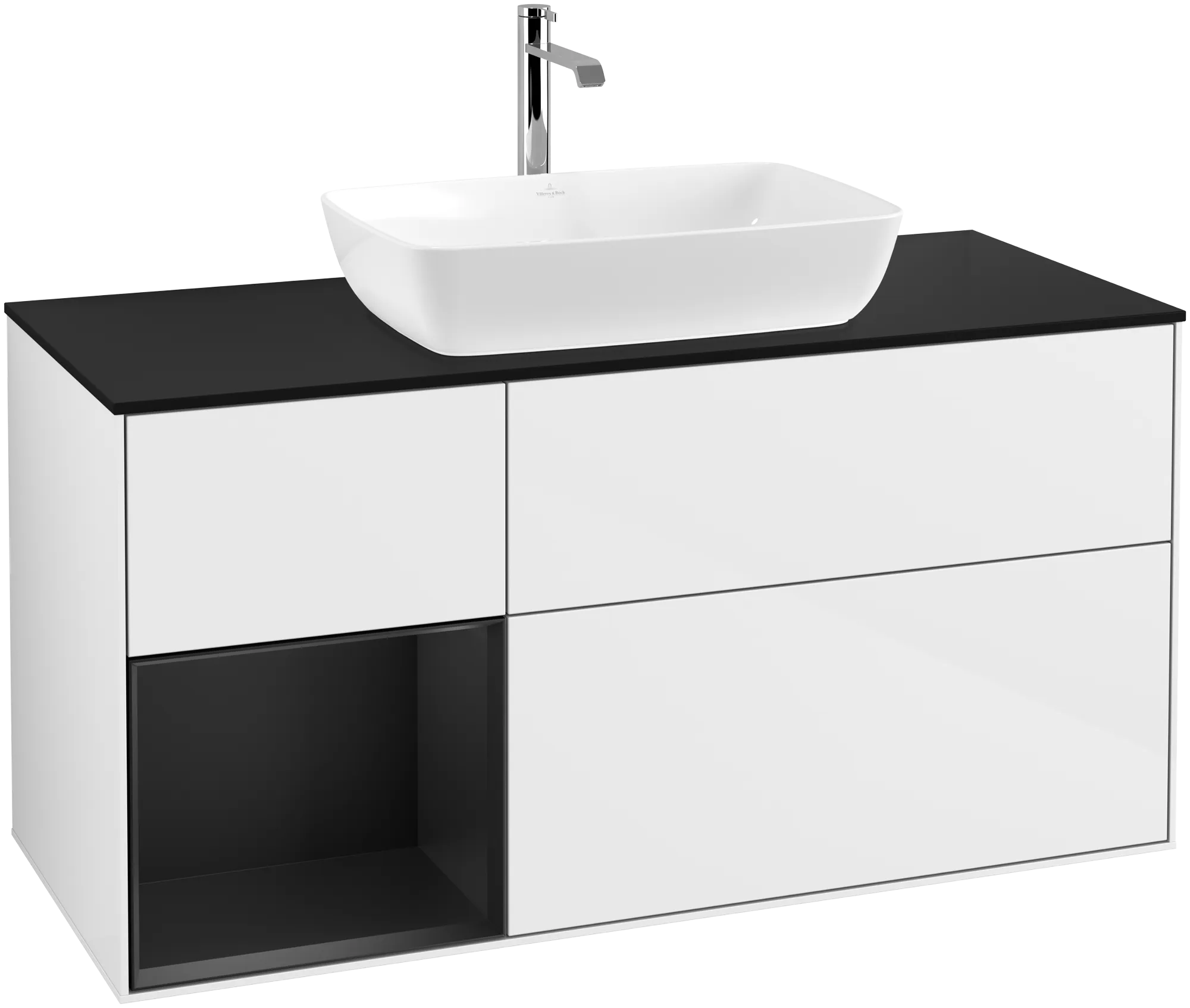 Picture of VILLEROY BOCH Finion Vanity unit, with lighting, 3 pull-out compartments, 1200 x 603 x 501 mm, Glossy White Lacquer / Black Matt Lacquer / Glass Black Matt #G822PDGF