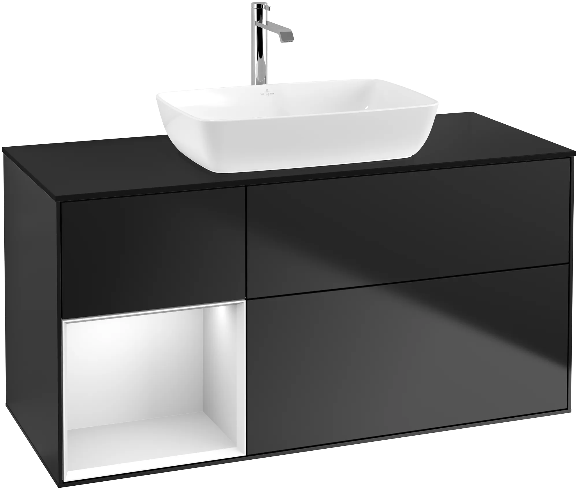 Obrázek VILLEROY BOCH Finion Vanity unit, with lighting, 3 pull-out compartments, 1200 x 603 x 501 mm, Black Matt Lacquer / White Matt Lacquer / Glass Black Matt #G822MTPD
