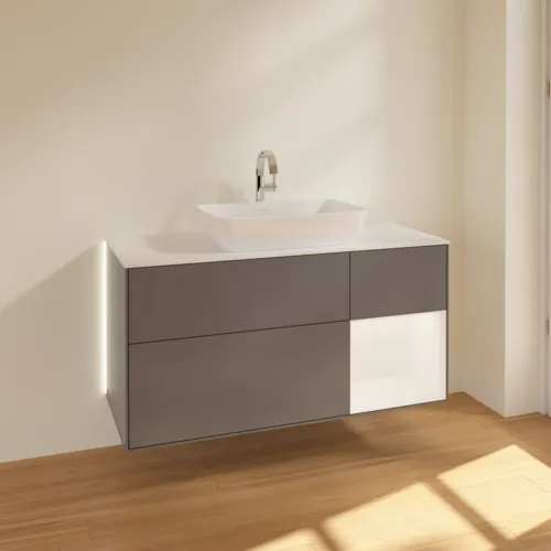 Bild von VILLEROY BOCH Finion Waschbeckenunterschrank, mit Beleuchtung, 3 Auszüge, 1200 x 603 x 501 mm, Anthracite Matt Lacquer / White Matt Lacquer / Glass White Matt #G831MTGK