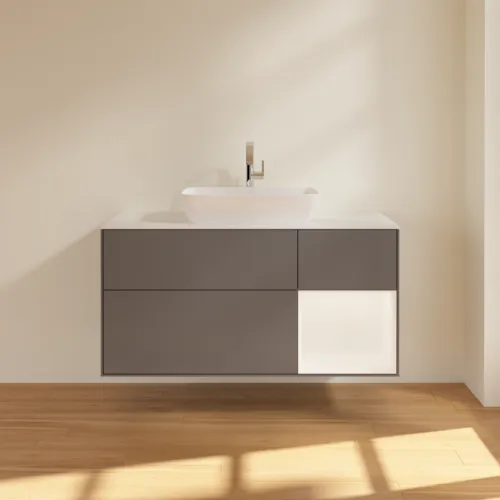 Bild von VILLEROY BOCH Finion Waschbeckenunterschrank, mit Beleuchtung, 3 Auszüge, 1200 x 603 x 501 mm, Anthracite Matt Lacquer / White Matt Lacquer / Glass White Matt #G831MTGK