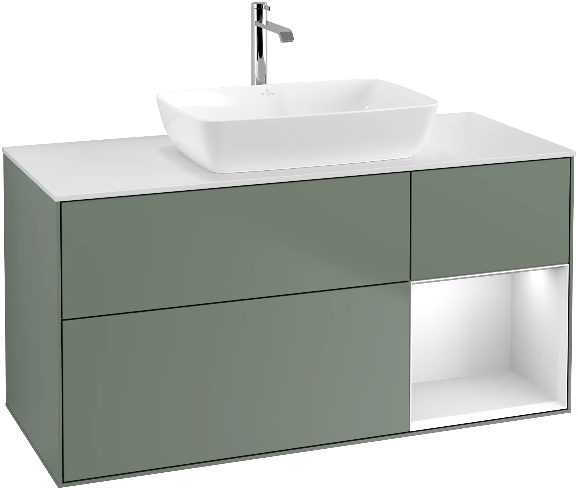 Obrázek VILLEROY BOCH Finion Vanity unit, with lighting, 3 pull-out compartments, 1200 x 603 x 501 mm, Olive Matt Lacquer / White Matt Lacquer / Glass White Matt #G831MTGM